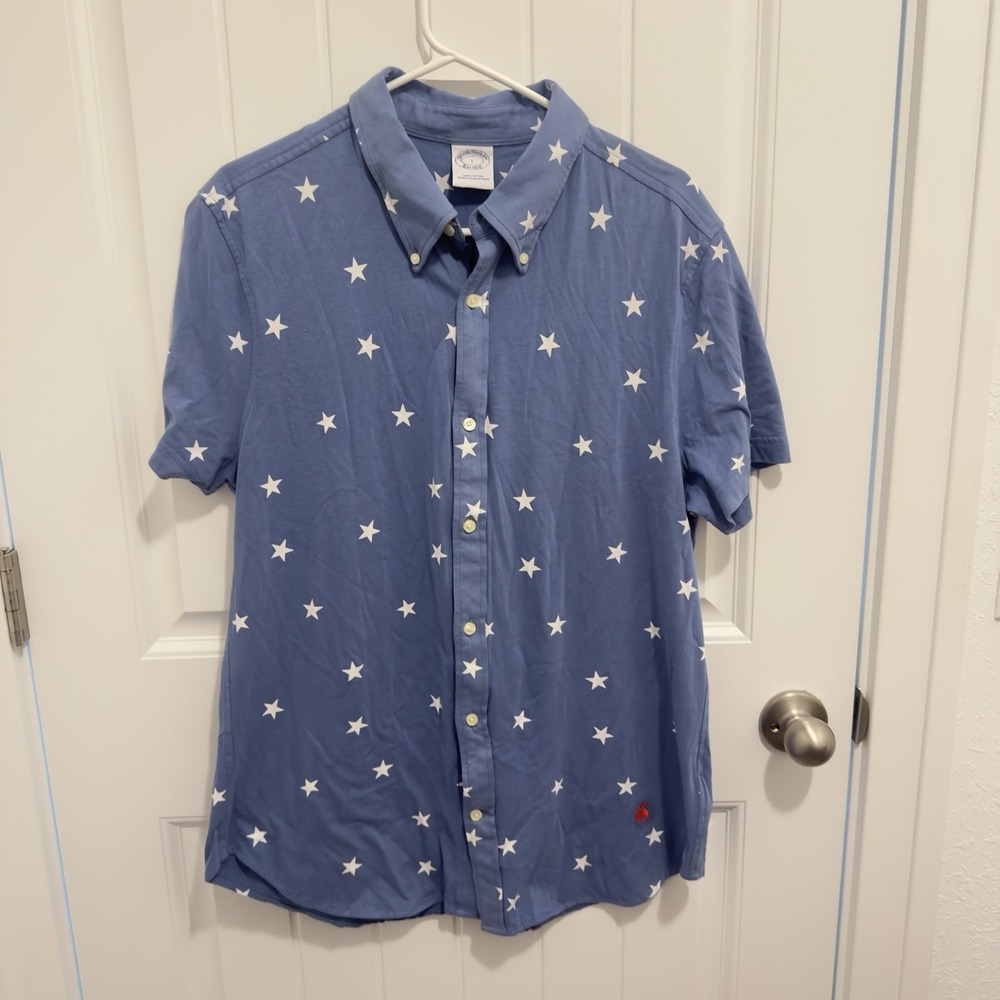 Brooks Brother Men's Blue White Star Short Sleeve Button Up Shirt Size Large
